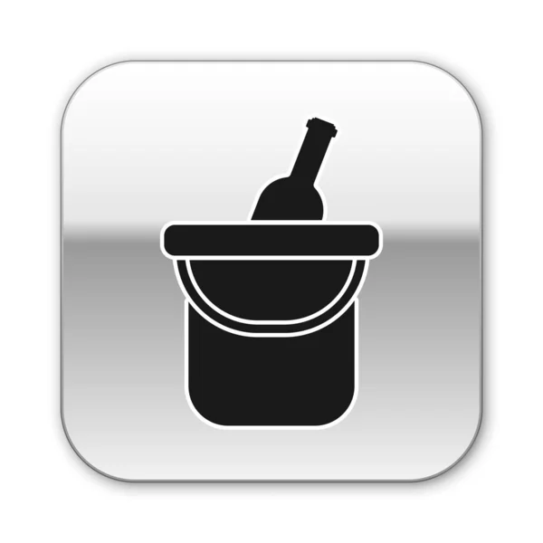 Garrafa preta de vinho em um ícone de balde de gelo isolado no fundo branco. Botão quadrado de prata. Ilustração vetorial — Vetor de Stock