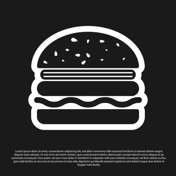 Ikon Burger hitam diisolasi pada latar belakang hitam. Ikon hamburger. Cheeseburger sandwich sign. Ilustrasi Vektor - Stok Vektor