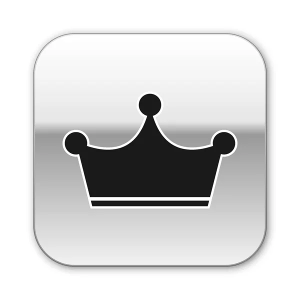 Icona della corona nera isolata su sfondo bianco. Pulsante quadrato argento. Illustrazione vettoriale — Vettoriale Stock