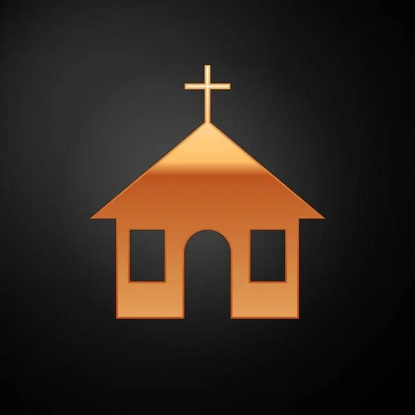 Icono de construcción de la iglesia de oro aislado sobre fondo negro. Iglesia Cristiana. Religión de la iglesia. Ilustración vectorial — Archivo Imágenes Vectoriales