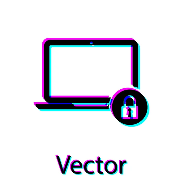 Laptop preto e ícone de bloqueio isolado no fundo branco. Computador e cadeado. Segurança, segurança, proteção conceito. Uma interrede segura. Ilustração vetorial — Vetor de Stock