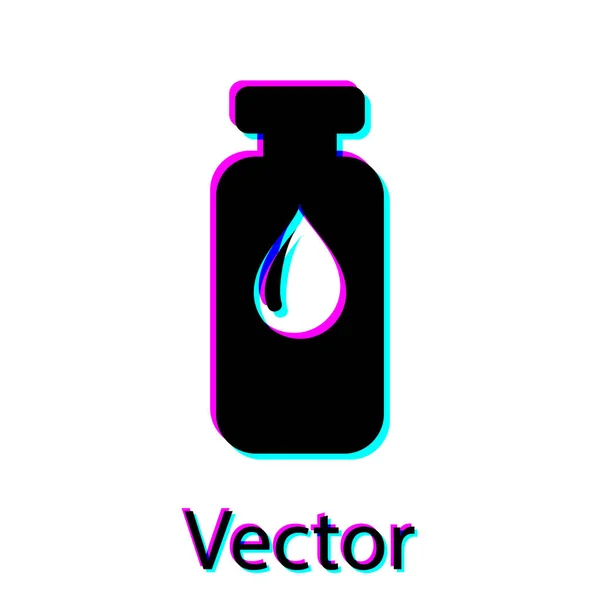 Vial médico negro, ampolla, icono de la botella aislado sobre fondo blanco. Vacunación, inyección, concepto de atención de la vacuna. Ilustración vectorial — Vector de stock