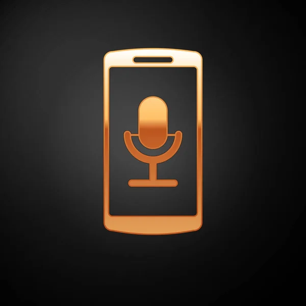 Gold Mobile icône d'enregistrement isolé sur fond noir. Téléphone portable avec microphone. Interface smartphone de l'application enregistreur vocal. Illustration vectorielle — Image vectorielle