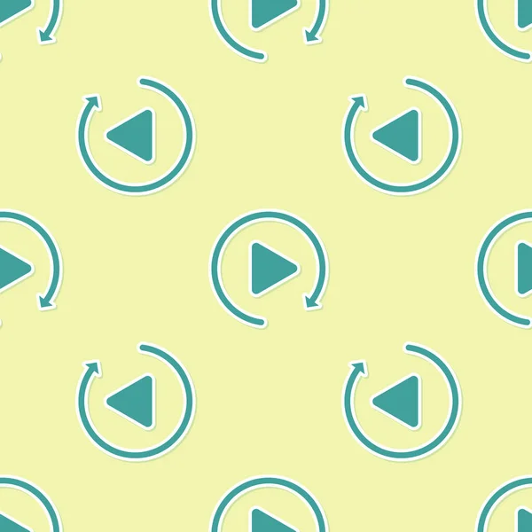 Green Video Play button like simple replay icon isolated seamless pattern on yellow background. Плоский дизайн. Векторная миграция — стоковый вектор