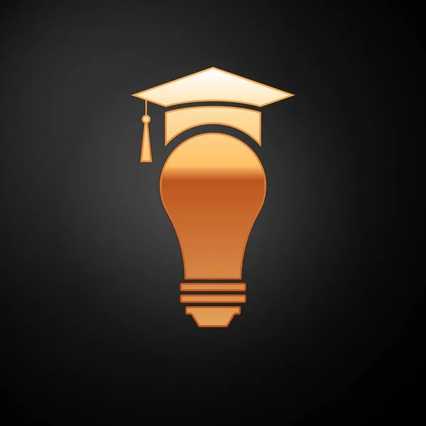 Gold Light bulb and graduation cap icon isolated on black background. University Education concept. Vector Illustration — Stock Vector