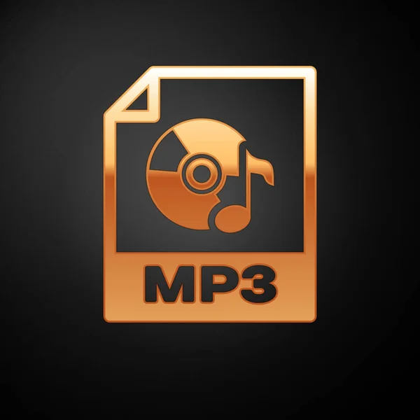 Gouden MP3-bestand documentpictogram. Download mp3 knop icoon geïsoleerd op zwarte achtergrond. MP3-muziek formaat teken. MP3-bestand symbool. Vector illustratie — Stockvector