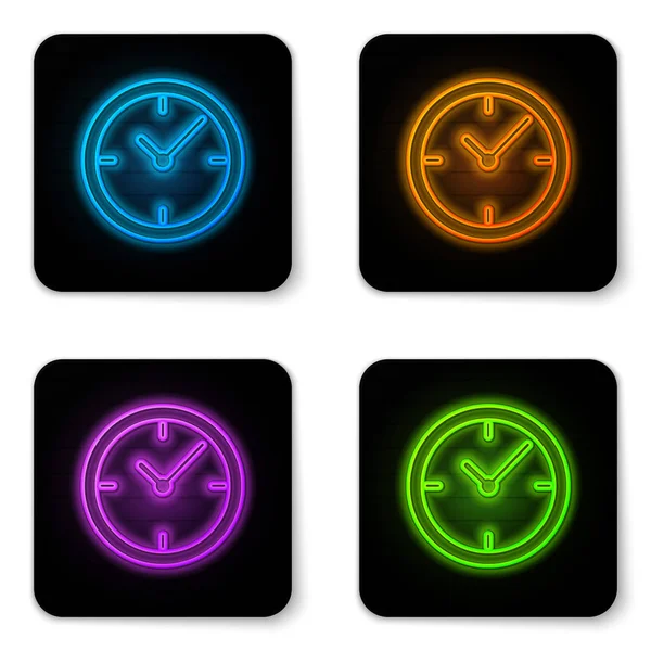 Glowing neon Clock icon isolated on white background. Black square button. Vector Illustration — Stock Vector