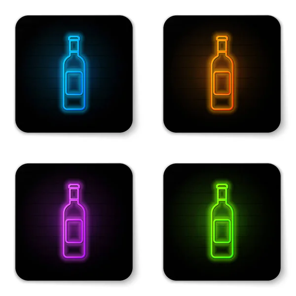 Bottiglia luminosa al neon di icona del vino isolata su sfondo bianco. Pulsante quadrato nero. Illustrazione vettoriale — Vettoriale Stock