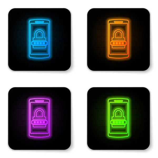 Glowing neon Mobile phone and password protection icon isolated on white background. Security, safety, personal access, user authorization, privacy. Black square button. Vector Illustration — Stock Vector