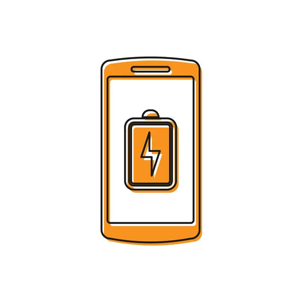 Ícone de carga da bateria laranja Smartphone isolado no fundo branco. Telefone com bateria fraca. Ilustração vetorial —  Vetores de Stock
