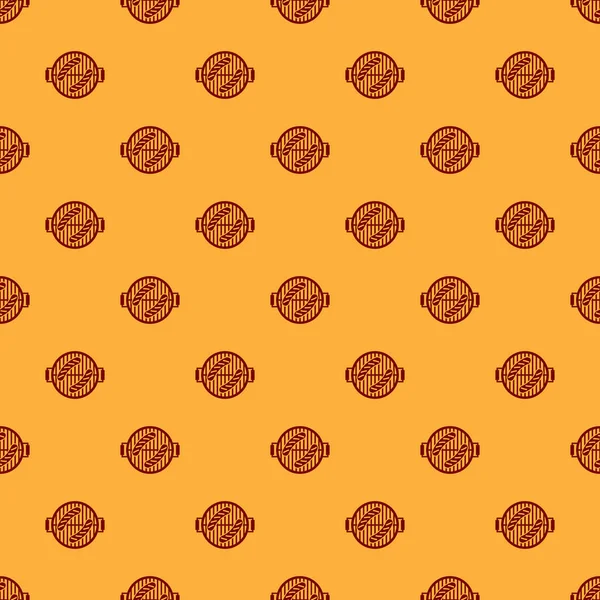 Churrasqueira vermelha com ícone de salsicha isolado padrão sem costura no fundo marrom. Festa de churrasco. Ilustração vetorial — Vetor de Stock