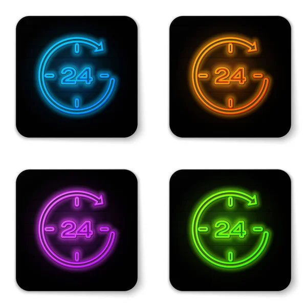 Parlayan neon Saat 24 saat simgesi beyaz arka plan üzerinde izole. Tüm gün döngüsel simge. 24 saat hizmet sembolü. Siyah kare düğme. Vektör İllüstrasyonu