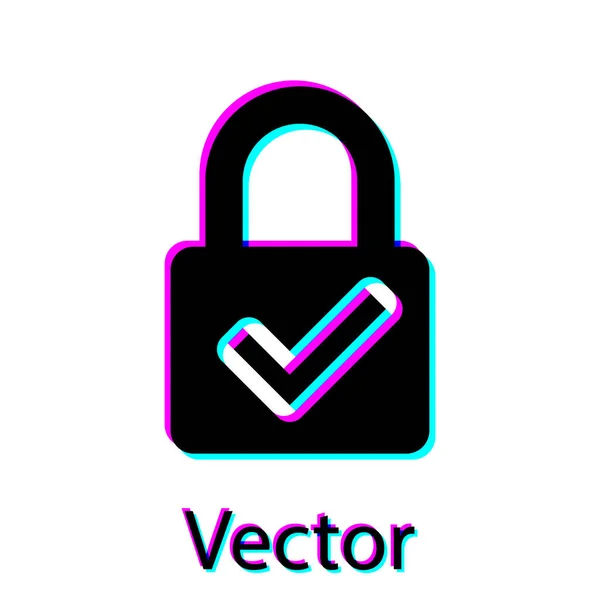 Negro Abra el candado y marque el icono aislado sobre fondo blanco. Concepto de seguridad cibernética. Protección de datos digital. Seguridad. Ilustración vectorial — Vector de stock