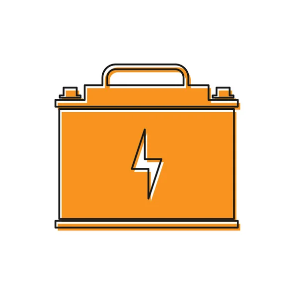 Icono de batería de coche naranja aislado sobre fondo blanco. Acumulador de energía de la batería y la batería acumulador de electricidad. Rayo símbolo del perno. Ilustración vectorial — Archivo Imágenes Vectoriales