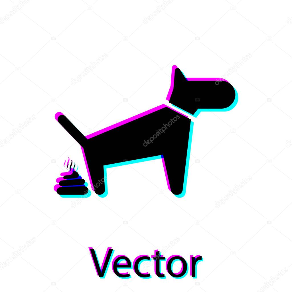 Black Dog pooping icon isolated on white background. Dog goes to the toilet. Dog defecates. The concept of place for walking pets. Vector Illustration