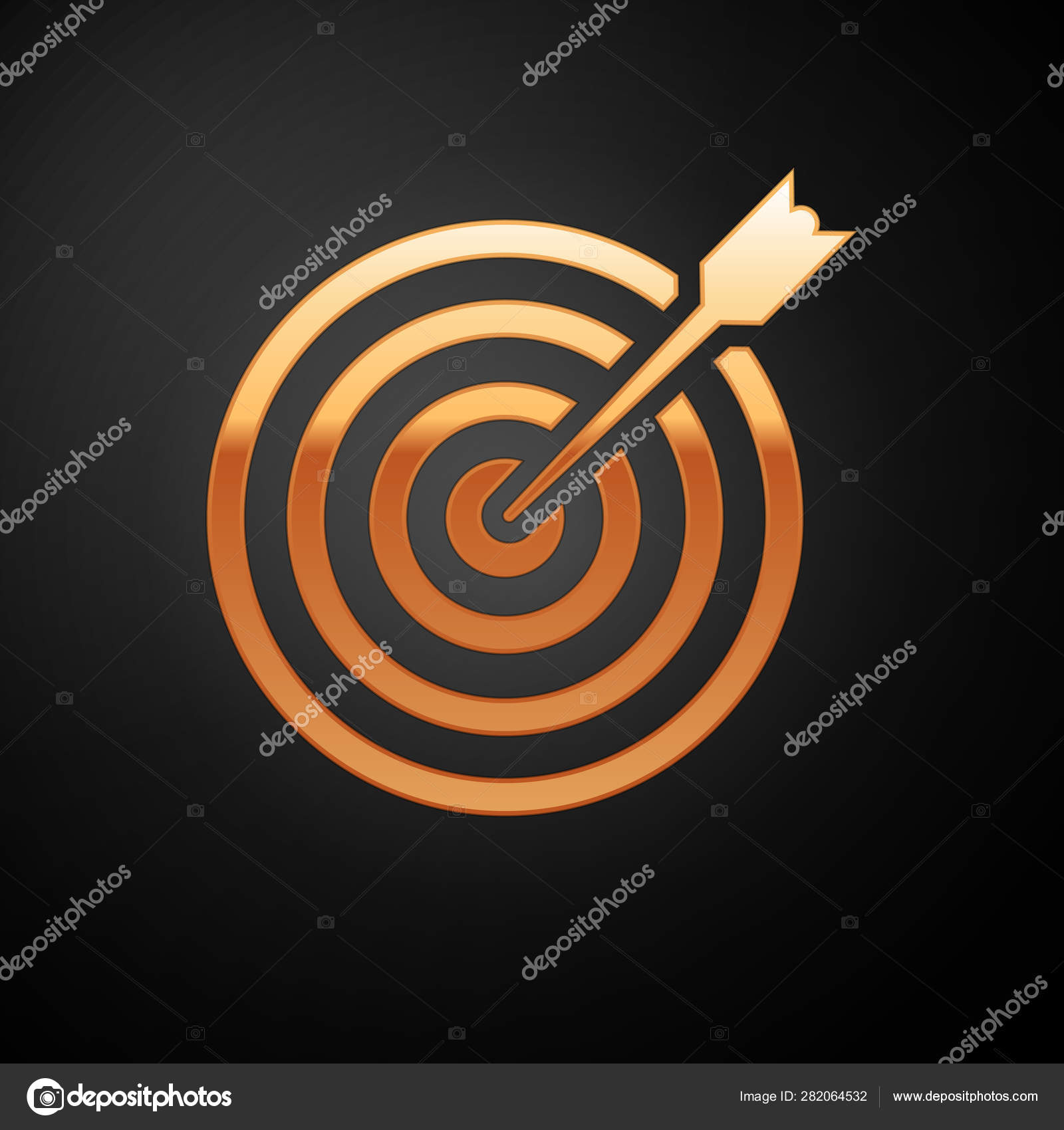 Gold Target with arrow icon isolated on black Dart