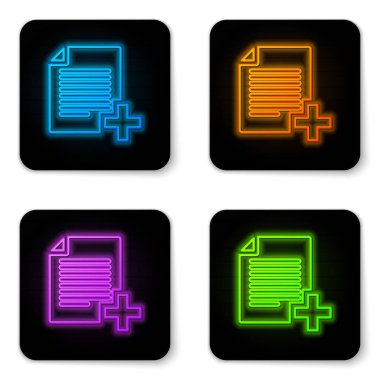 Parlayan neon Beyaz arka planda yalıtılmış yeni dosya simgesi ekleyin. Belge simgesini kopyalayın. Siyah kare düğme. Vektör İllüstrasyonu