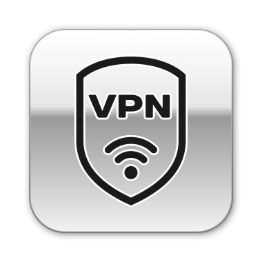 Vpn ve wifi kablosuz internet ağı simge simgesi beyaz arka plan üzerinde izole ile Siyah Kalkan. Vpn güvenlik kavramını koruyun. Gümüş kare düğme. Vektör İllüstrasyonu