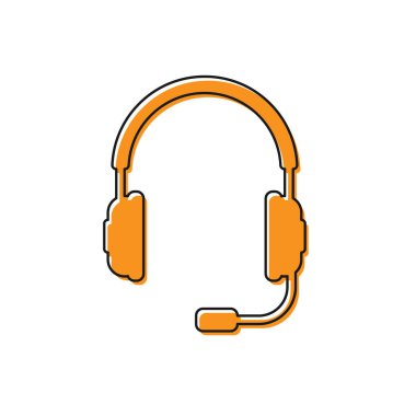 Turuncu Kulaklıklar beyaz arka plan üzerinde mikrofon simgesi ile. Kulaklık işareti. Müzik, servis, iletişim ve operatör dinleme için kavram nesnesi. Vektör İllüstrasyonu
