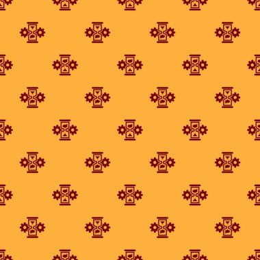 Kırmızı Kum Saati ve dişli simgesi kahverengi arka plan üzerinde dikişsiz desen izole. Zaman Yönetimi sembolü. Saat ve vites simgesi. İş konsepti. Düz tasarım. Vektör İllüstrasyonu