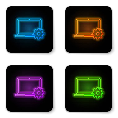 Beyaz arka planda parlayan neon Laptop ve dişli simgesi. Dizüstü servis konsepti. Uygulamanın ayarlanması, seçenekleri ayarlama, bakım, onarım, dizüstü bilgisayar kavramlarının düzeltilmesi. Siyah kare düğme. Vektör İllüstrasyonu