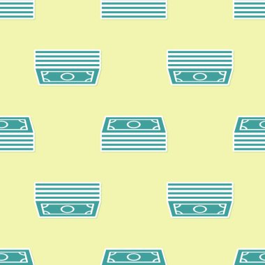 Yeşil Yığınları kağıt para nakit simgesi sarı arka plan üzerinde sorunsuz desen izole. Para banknotları yığınları. Fatura para birimi. Düz tasarım. Vektör İllüstrasyonu