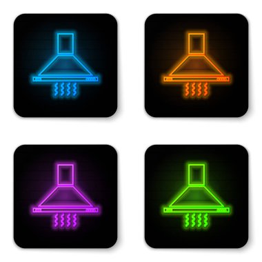 Beyaz arka planda izole parlayan neon Mutfak çıkarıcı fan simgesi. Ocak kaputu. Mutfak egzozu. Ev aletleri. Siyah kare düğme. Vektör İllüstrasyonu
