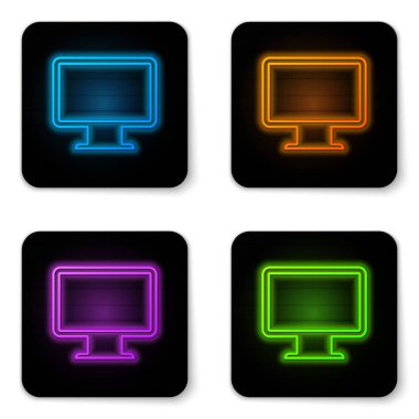 Beyaz arka planda yalıtılmış parlayan neon Bilgisayar monitör ekran simgesi. Elektronik cihaz. Ön görüş. Siyah kare düğme. Vektör İllüstrasyonu