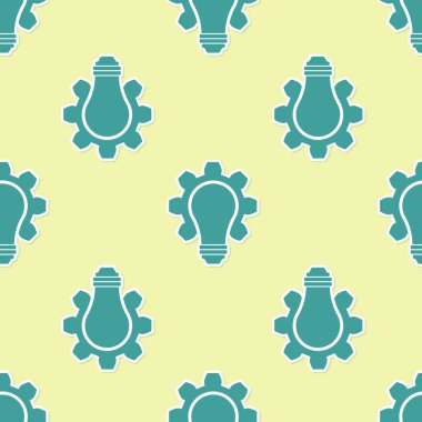 Yeşil Ampul ve dişli simgesi sarı arka plan üzerinde dikişsiz desen izole. İnovasyon kavramı. İş fikri. Vektör İllüstrasyonu