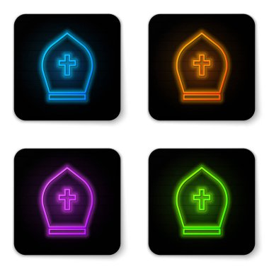 Beyaz arka planda izole parlayan neon Papa şapka simgesi. Hıristiyan şapka işareti. Siyah kare düğme. Vektör İllüstrasyonu