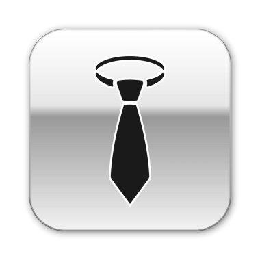 Siyah Kravat simgesi beyaz arka planda izole. Kravat ve boyun bezi sembolü. Gümüş kare düğme. Vektör İllüstrasyonu