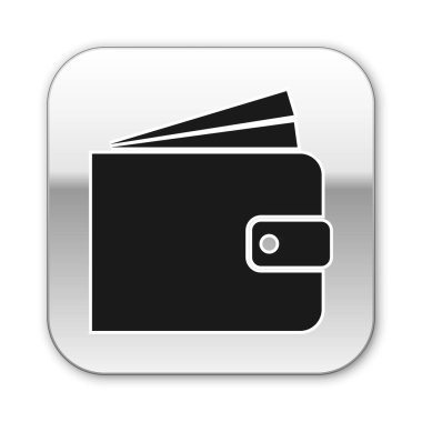 Beyaz arka planda yalıtılmış Siyah Cüzdan simgesi. Gümüş kare düğme. Vektör İllüstrasyonu