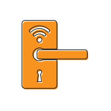 Beyaz arka planda yalıtılmış simge kilidini açmak için kablosuz teknolojiye sahip Turuncu Dijital kapı kilidi. Kapı kolu işareti. Kavramın güvenlik akıllı ev. Vektör İllüstrasyonu