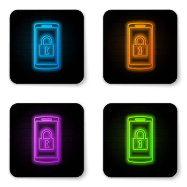 Beyaz arka planda izole edilmiş kapalı asma kilit simgesine sahip parlayan neon Smartphone. Kilitli telefon. Mobil güvenlik, güvenlik, koruma konsepti. Siyah kare düğme. Vektör İllüstrasyonu