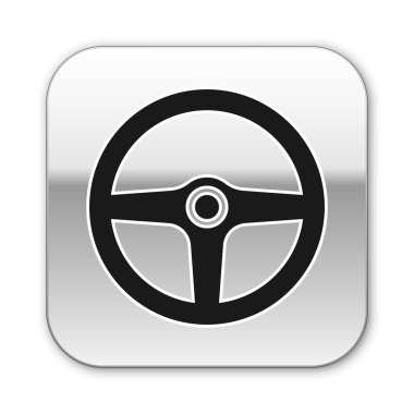 Siyah Direksiyon simgesi beyaz arka plan üzerinde izole. Araba tekerleği simgesi. Gümüş kare düğme. Vektör İllüstrasyonu