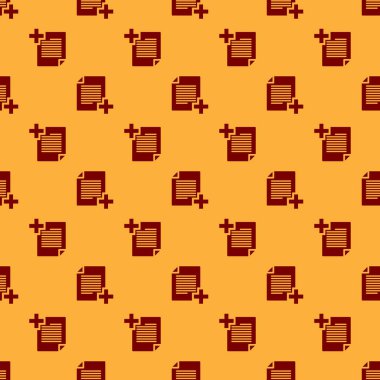 Kırmızı Ekle yeni dosya simgesi kahverengi arka plan üzerinde yalıtılmış sorunsuz desen. Belge simgesini kopyalayın. Düz tasarım. Vektör İllüstrasyonu