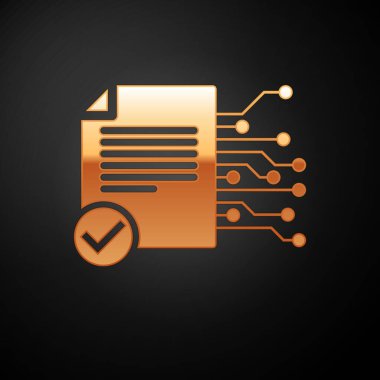 Gold Smart sözleşme simgesi siyah arka planda yalıtılmış. Blockchain teknolojisi, kripto para madenciliği, bitcoin, altcoins, dijital para piyasası. Vektör İllüstrasyonu