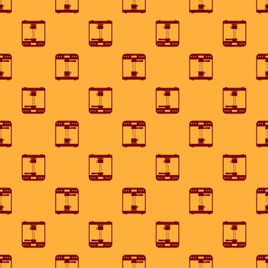 Kırmızı Kahve makinesi ve kahve fincanı simgesi kahverengi arka plan üzerinde dikişsiz desen izole. Düz tasarım. Vektör İllüstrasyonu