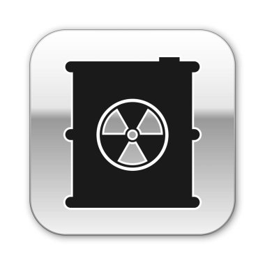 Beyaz arka planda izole varil simgesi siyah radyoaktif atık. Zehirli çöp fıçısı. Radyoaktif çöp emisyonları, çevre kirliliği. Gümüş kare düğme. Vektör İllüstrasyonu