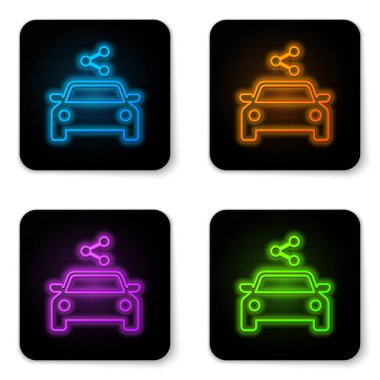 Beyaz arka planda yalıtılmış parlayan neon Araba paylaşım simgesi. Araba paylaşım işareti. Ulaşım kiralama hizmeti konsepti. Siyah kare düğme. Vektör İllüstrasyonu