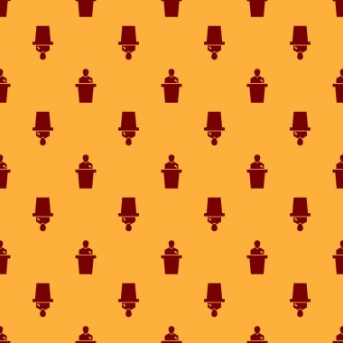 Kırmızı Hoparlör simgesi kahverengi arka plan üzerinde sorunsuz desen izole. Hatip tribünden konuşuyor. Halka açık konuşma. Podyumdaki kişi. Vektör İllüstrasyonu