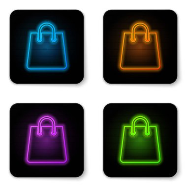 Beyaz arka planda izole parlayan neon Çanta simgesi. Shoping çanta işareti. Kadın çantası simgesi. Kadın çanta tabelası. Glamour rahat bagaj. Siyah kare düğme. Vektör İllüstrasyonu