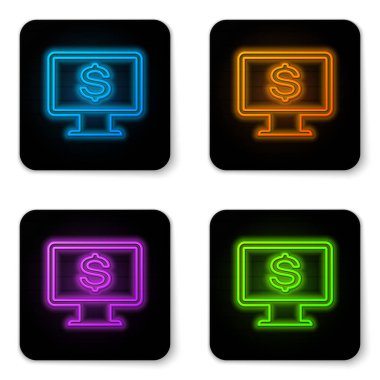 Beyaz arka planda izole dolar simgesi ile Parlayan neon Bilgisayar monitörü. İnternet finansal güvenlik kavramı, online finans koruması. Siyah kare düğme. Vektör İllüstrasyonu