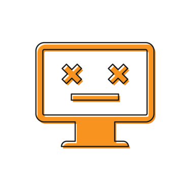 Turuncu Ölü monitör simgesi beyaz arka planda yalıtılmış. Ölü emoji ile pc gibi 404 hata. Pc sisteminde ölümcül hata. Vektör İllüstrasyonu