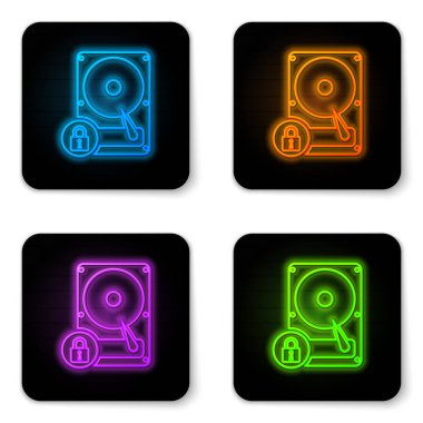 Parlayan neon Sabit disk sürücüsü ve beyaz arka planda yalıtılmış kilit simgesi. Hhd ve asma kilit. Güvenlik, güvenlik, koruma konsepti. Siyah kare düğme. Vektör İllüstrasyonu