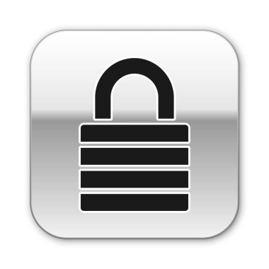 Beyaz arka planda yalıtılmış Siyah Kilit simgesi. Asma kilit işareti. Güvenlik, güvenlik, koruma, gizlilik kavramı. Gümüş kare düğme. Vektör İllüstrasyonu