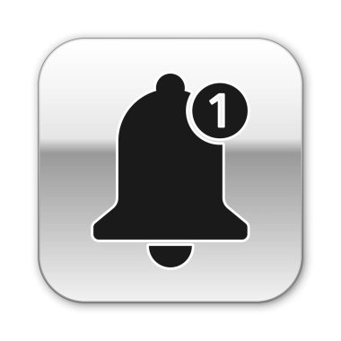 Siyah Bell simgesi beyaz arka planda yalıtılmış. Yeni Bildirim simgesi. Yeni ileti simgesi. Gümüş kare düğme. Vektör İllüstrasyonu