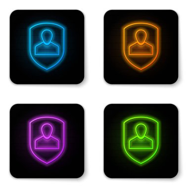 Beyaz arka planda yalıtılmış parlayan neon Kullanıcı koruma simgesi. Güvenli kullanıcı girişi, parola korumalı, kişisel verilerin korunması, kimlik doğrulama simgesi. Siyah kare düğme. Vektör İllüstrasyonu