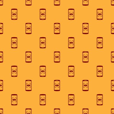 Kırmızı Cep telefonu ve göz tonu simgesi kahverengi arka plan üzerinde izole dikişsiz desen. Tarama gözü. Güvenlik kontrolü sembolü. Siber göz işareti. Vektör İllüstrasyonu