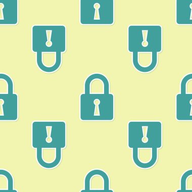 Yeşil Kilit simgesi sarı arka plan üzerinde yalıtılmış kesintisiz desen. Kapalı asma kilit işareti. Siber güvenlik konsepti. Dijital veri koruması. Güvenlik güvenliği. Vektör İllüstrasyonu